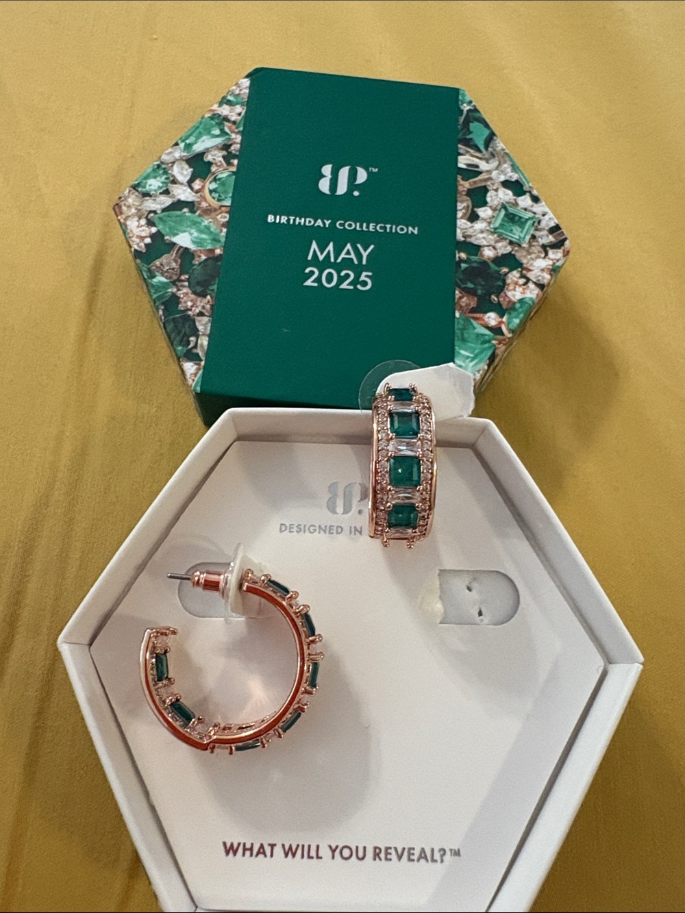 Rose Gold Hoop Earrings with Emerald Green Stones